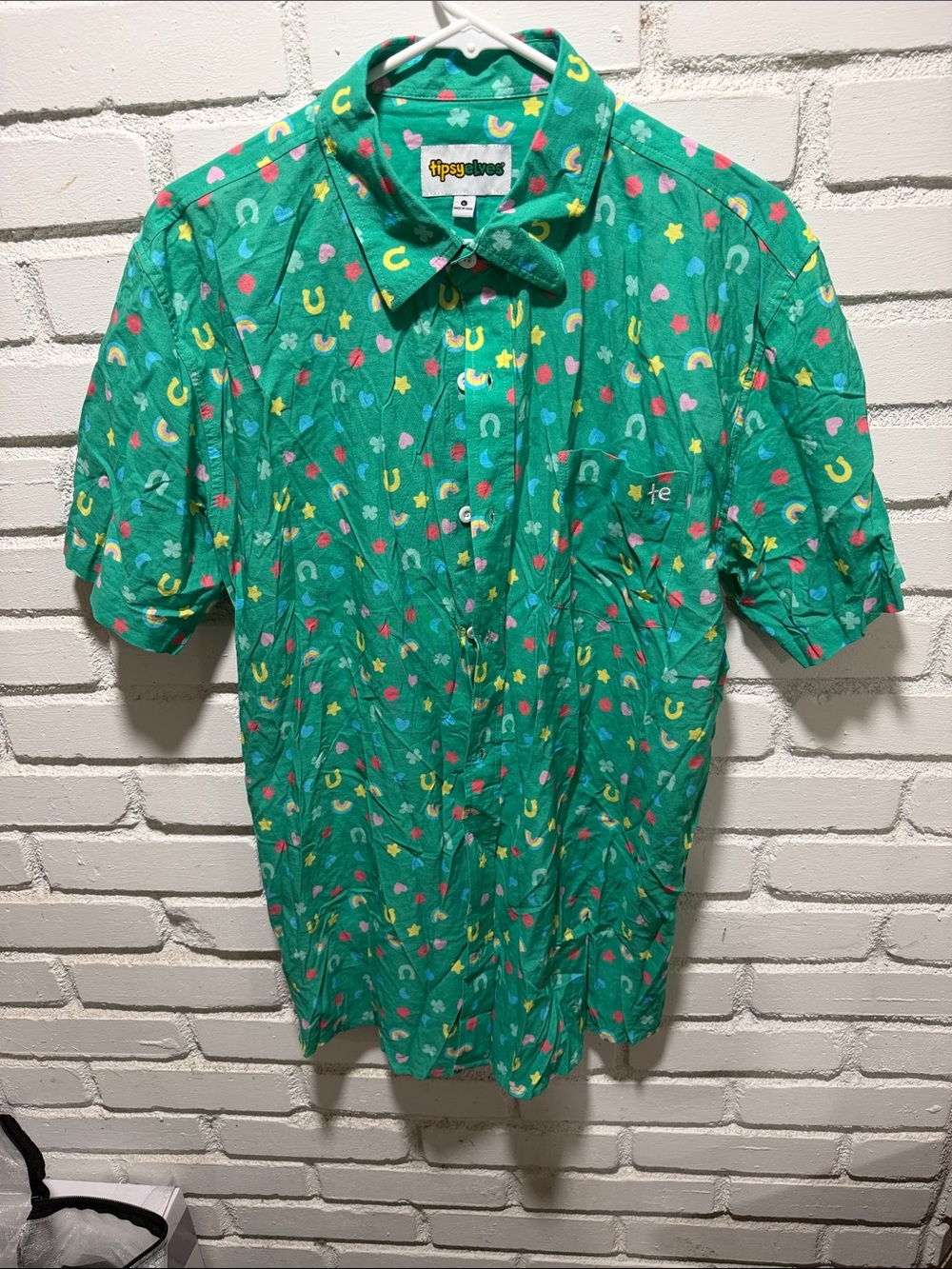 Tipsy Elves Bright Green Short-Sleeve Button-Up with Multicolor Motif